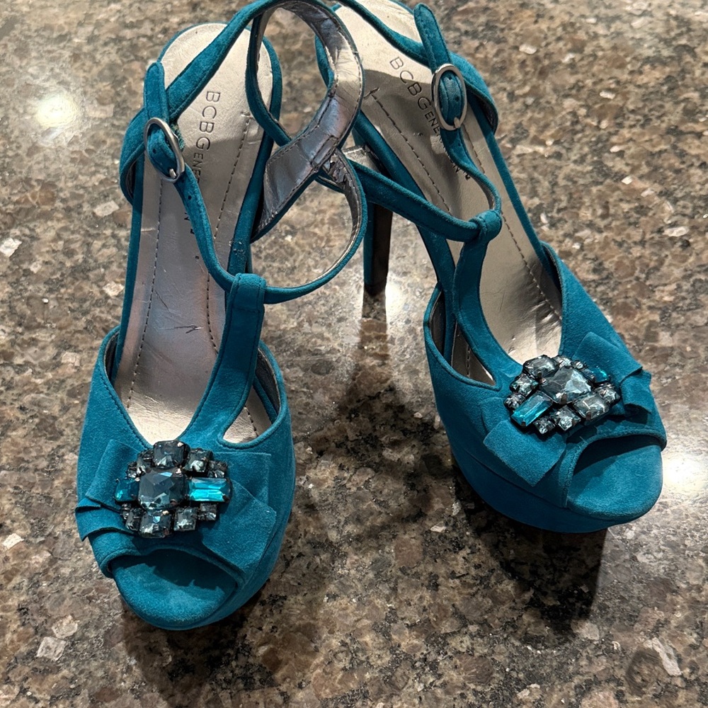 BCBGMaxAzria Turquoise Gem-Embellished Heels